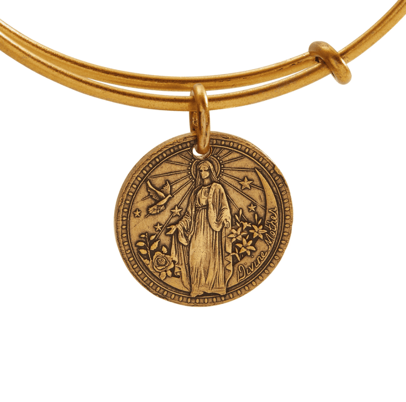 Gold bangle bracelet with a medallion of the Virgin Mary.