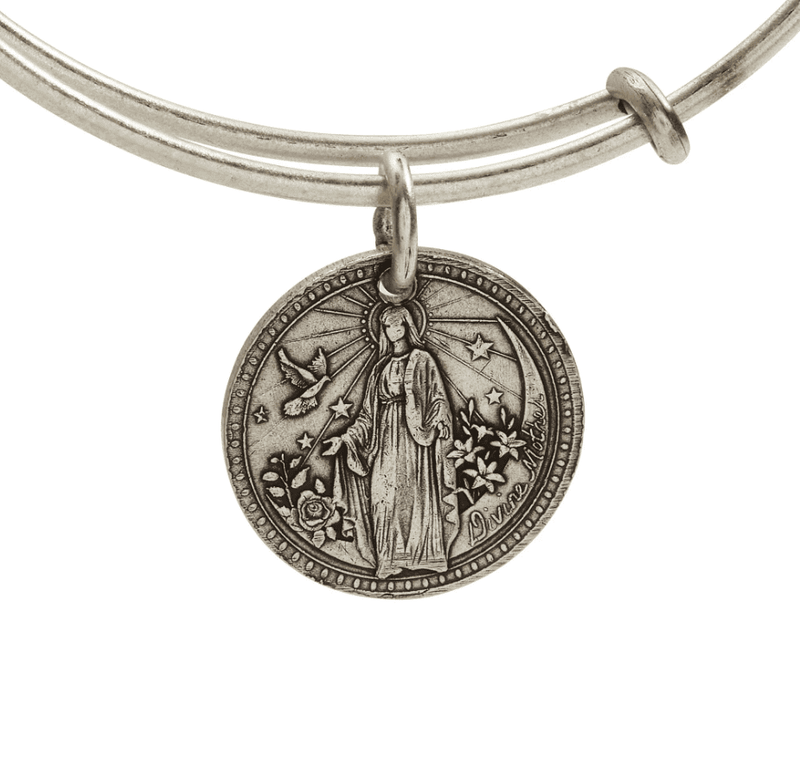 Silver bangle bracelet with a medallion of the Virgin Mary.