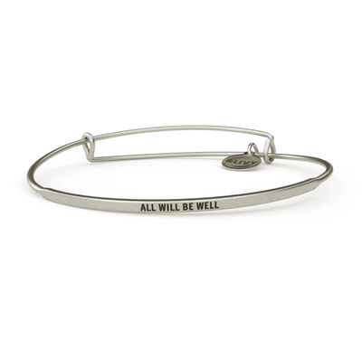 Silver bangle bracelet with the words "all will be well" engraved on it. 