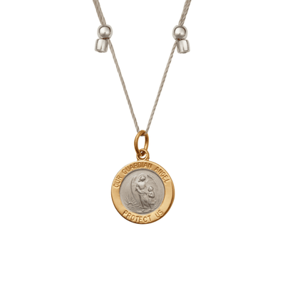 a gold and silver two-toned necklace with a pendant that says "Our Guardian Angel Protect Us".