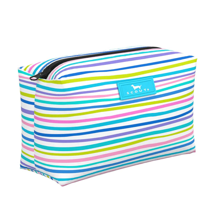 Scout Tiny Treasures Silly Spring pouch standing upright with zipper closed, water-resistant coated cotton