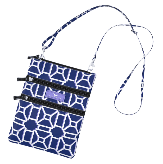 Black and white crossbody bag with geometric lattice pattern, three zippered compartments, and a detachable strap for hands-free use.