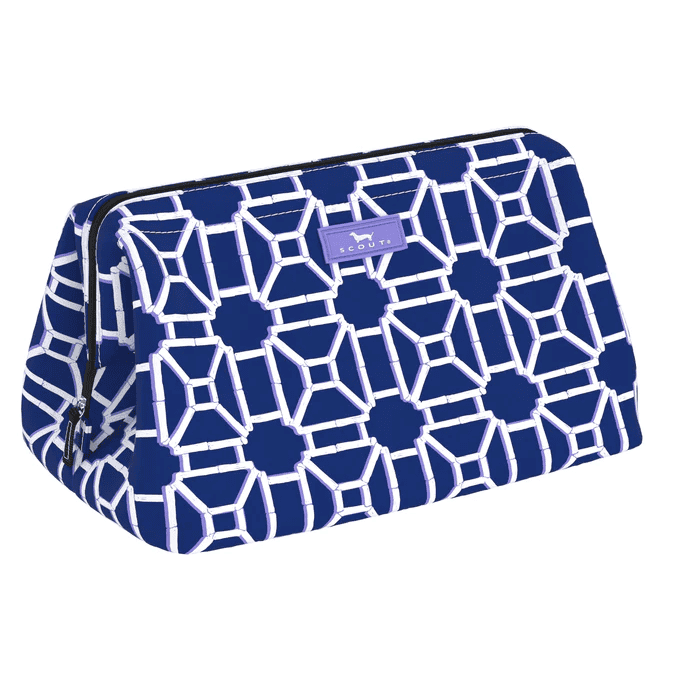 Scout Big Mouth bag in Lattice Knight print, wide-opening travel toiletry bag with wire frame and zip closure