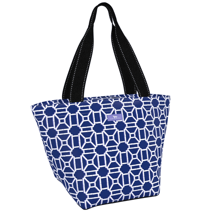 Daytripper bag in Lattice Knight pattern, lightweight durable personal tote with square base and interior zipper pocket