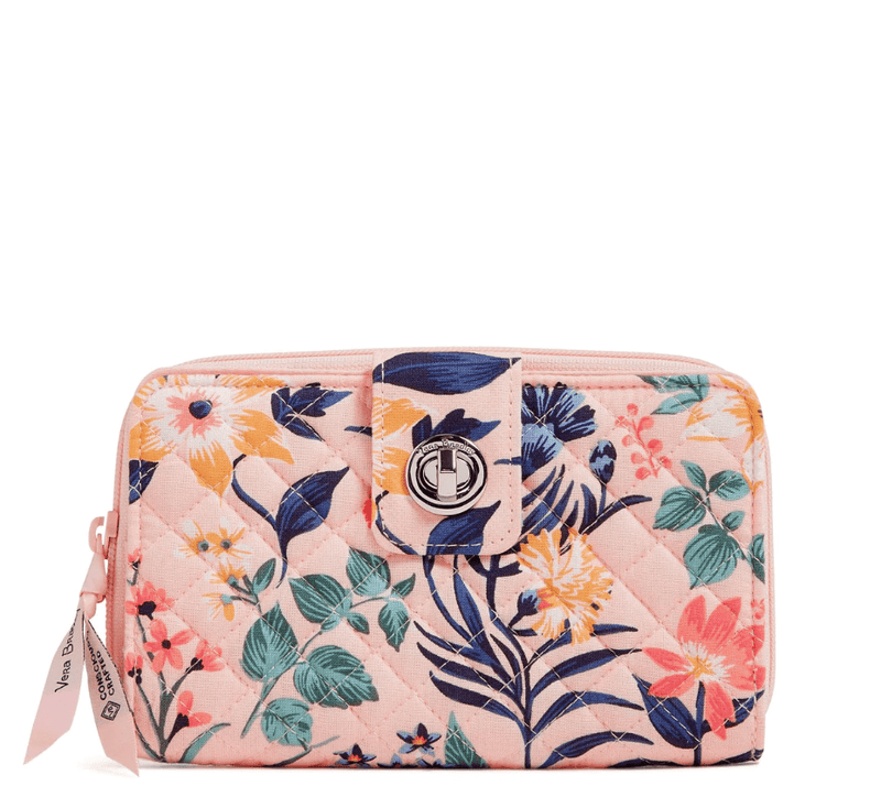 Vera Bradley RFID Turnlock Wallet in Paradise Coral with zip coin pocket, card slips, and turnlock closure