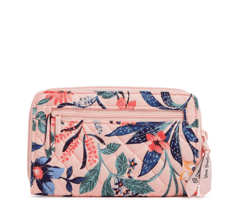 Vera Bradley RFID Turnlock Wallet in Paradise Coral with zip coin pocket, card slips, and turnlock closure