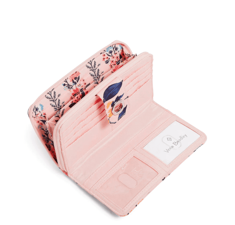 Vera Bradley RFID Turnlock Wallet in Paradise Coral with zip coin pocket, card slips, and turnlock closure