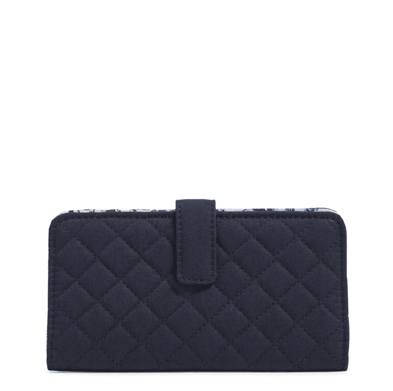 Vera Bradley RFID Finley Wallet in Classic Navy with zip pocket, 13 card slips, bill slips, ID window, and snap closure
