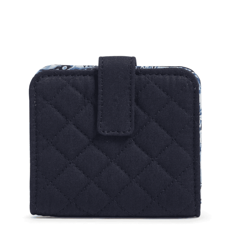 Vera Bradley RFID Finley Small Wallet in Classic Navy with zip pocket, five card slips, bill slip, ID window, and snap closure