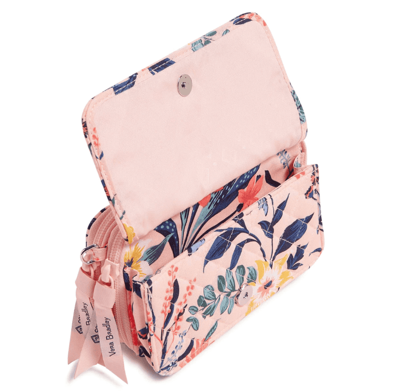 Vera Bradley RFID wallet crossbody in Paradise Coral with quilted cotton, multiple card slots, phone pocket, and zip closure.
