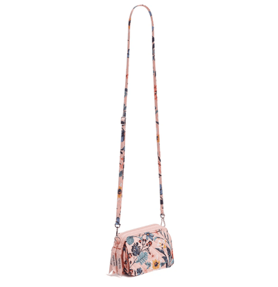Vera Bradley RFID wallet crossbody in Paradise Coral with quilted cotton, multiple card slots, phone pocket, and zip closure.