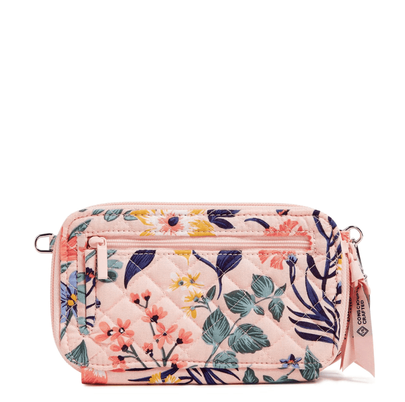 Vera Bradley RFID wallet crossbody in Paradise Coral with quilted cotton, multiple card slots, phone pocket, and zip closure.