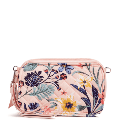 Vera Bradley RFID wallet crossbody in Paradise Coral with quilted cotton, multiple card slots, phone pocket, and zip closure.
