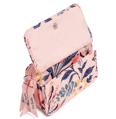 Vera Bradley RFID All in One crossbody in Paradise Coral quilted cotton with card slots, phone pocket, and adjustable strap.