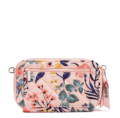 Vera Bradley RFID All in One crossbody in Paradise Coral quilted cotton with card slots, phone pocket, and adjustable strap.
