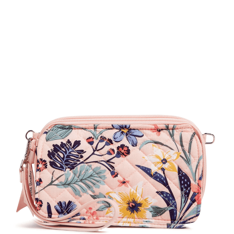 Vera Bradley RFID All in One crossbody in Paradise Coral quilted cotton with card slots, phone pocket, and adjustable strap.