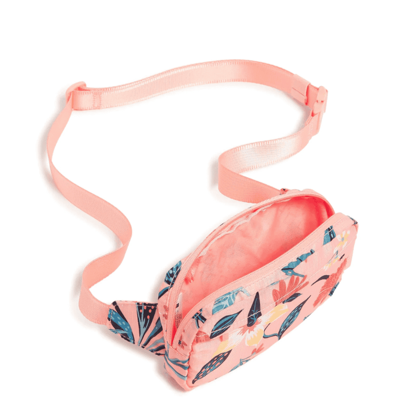 Vera Bradley Mini Belt Bag in Paradise Bright Coral with zip pockets, card slips, and adjustable strap for hands-free convenience.