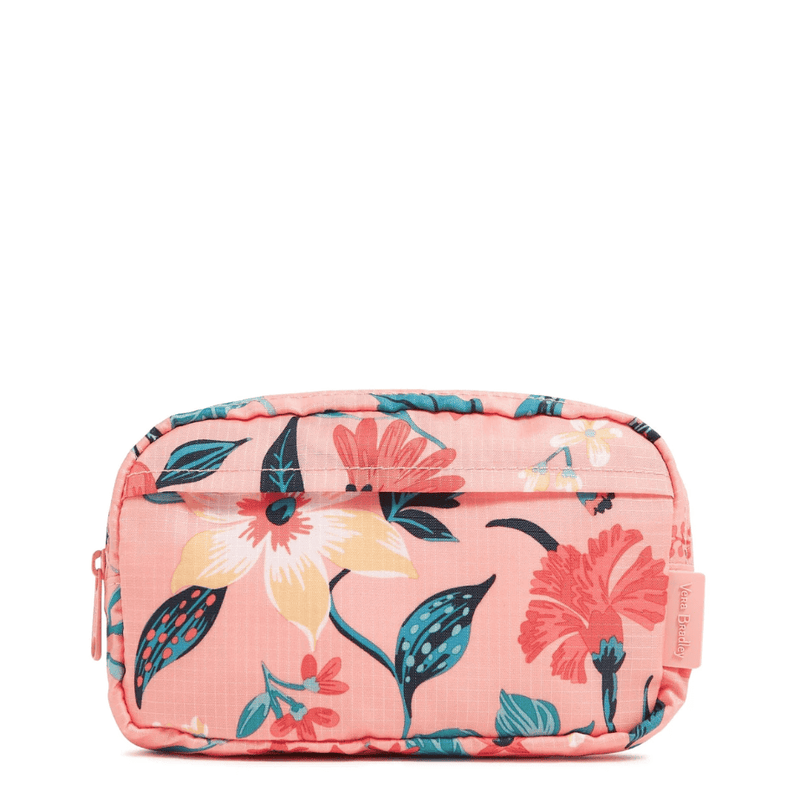 Vera Bradley Mini Belt Bag in Paradise Bright Coral with zip pockets, card slips, and adjustable strap for hands-free convenience.