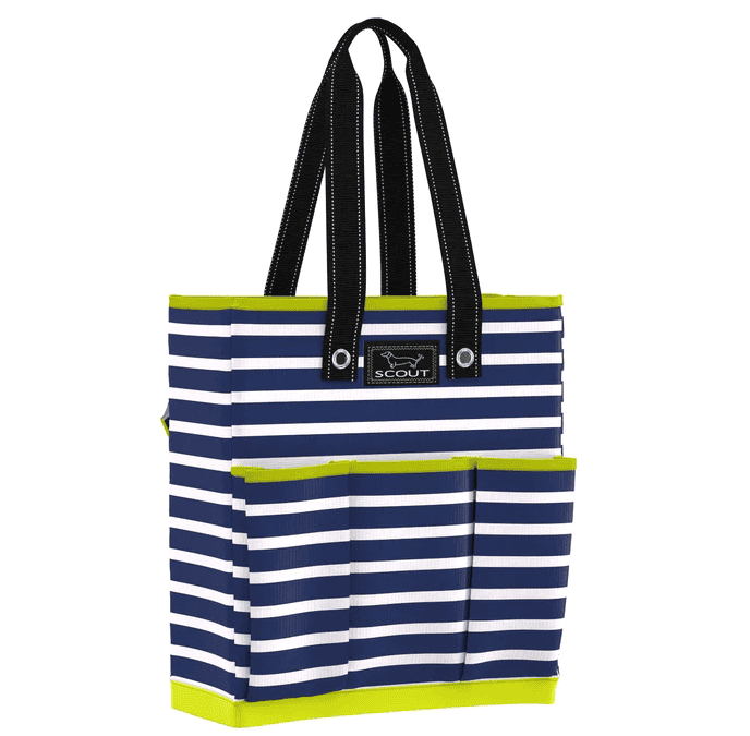Navy tennis bag with dedicated racket compartment, three exterior slip pockets, mesh interior pockets