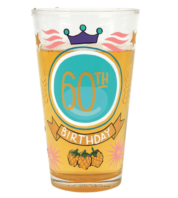 60th Birthday pint glass with crown and stars, hand-painted, holds 16 oz


