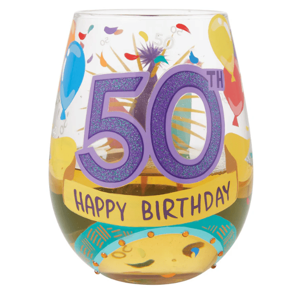 Lolita Happy 50th Birthday Hand Painted Stemless Wine Glass