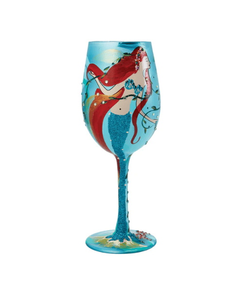 A Lolita brand wine glass with a hand-painted