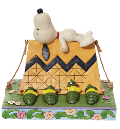 Jim Shore Snoopy and Woodstock camping figurine, Snoopy snoozing on a Charlie Brown zigzag tent