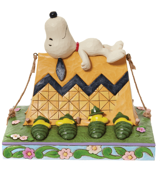 Jim Shore Snoopy and Woodstock camping figurine, Snoopy snoozing on a Charlie Brown zigzag tent