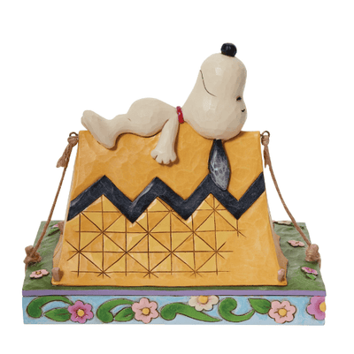 Jim Shore Snoopy and Woodstock camping figurine, Snoopy snoozing on a Charlie Brown zigzag tent