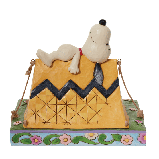 Jim Shore Snoopy and Woodstock camping figurine, Snoopy snoozing on a Charlie Brown zigzag tent