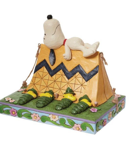 Jim Shore Snoopy and Woodstock camping figurine, Snoopy snoozing on a Charlie Brown zigzag tent