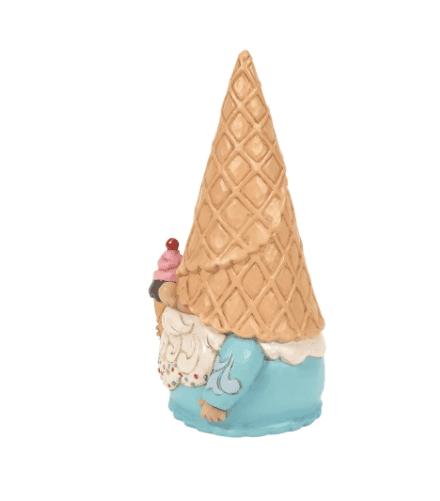 Small figurine of a gnome wearing a melted ice cream cone as a hat