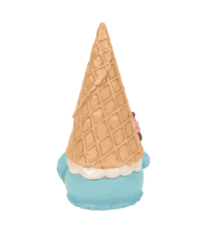 Small figurine of a gnome wearing a melted ice cream cone as a hat