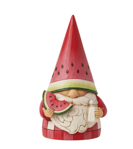 Jim Shore Watermelon Gnome figurine in picnic plaid cloak, holding a watermelon slice, hand-painted in folk art style.