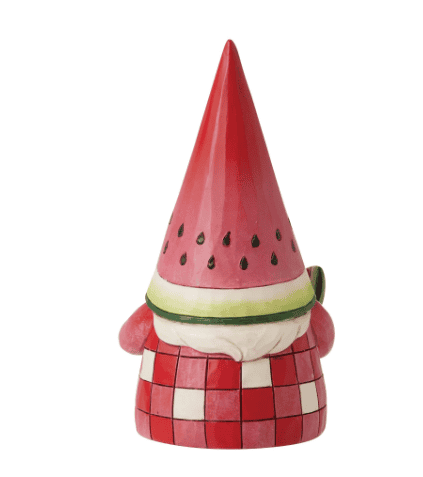 Jim Shore Watermelon Gnome figurine in picnic plaid cloak, holding a watermelon slice, hand-painted in folk art style.