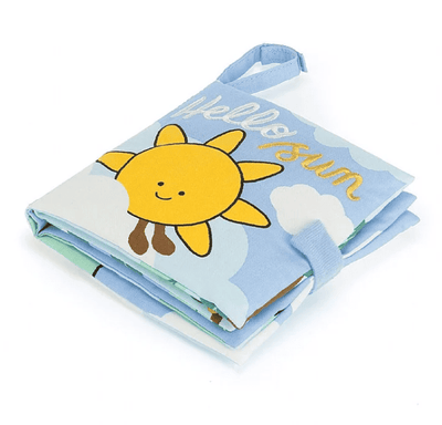 Soft fabric book with sun on cover, "Hello Sun" by Jellycat