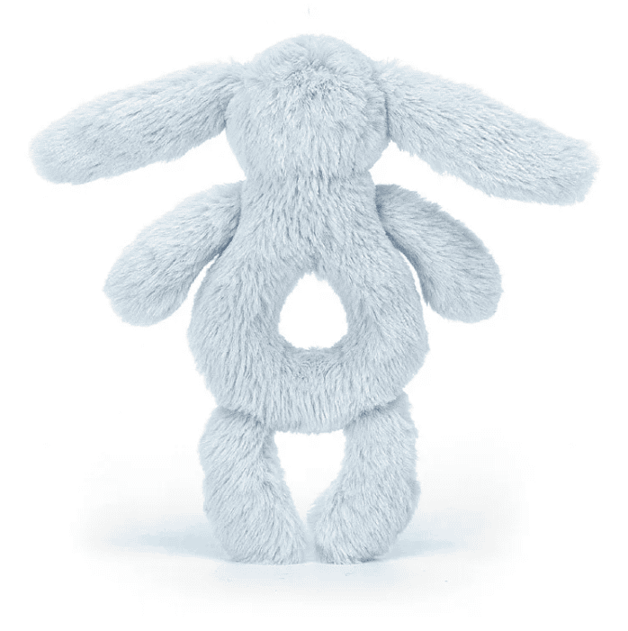 Blue plush rabbit with ring attached