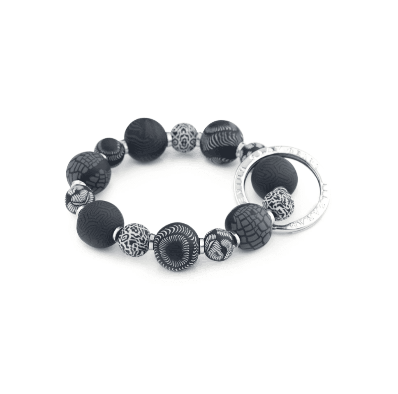 Midnight Small Bead Wrist Keychain with handcrafted black polymer clay beads, metal spacers, and stretch elastic.