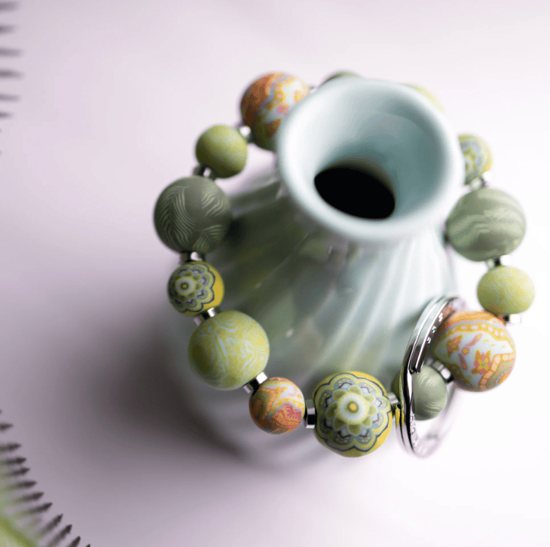 Green Fern Small Bead Wrist Keychain featuring handcrafted green polymer clay beads, metal spacers.