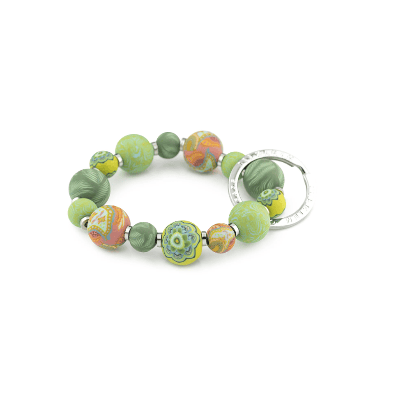 Green Fern Small Bead Wrist Keychain featuring handcrafted green polymer clay beads, metal spacers.