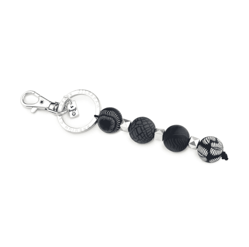 Midnight Palm 4-Ball Keychain with handcrafted dark clay beads, metal spacers, split keyring, charm, and lobster-claw clip.