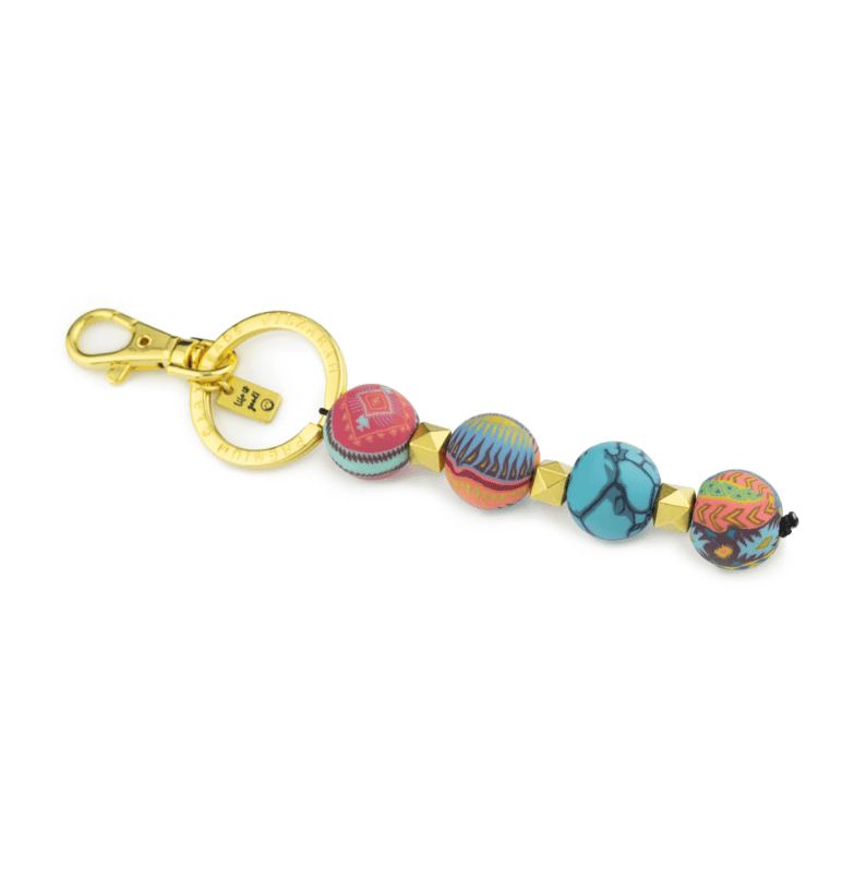Sedona Sky 4-Ball Keychain featuring handcrafted clay beads, metal spacers, split keyring, charm, and lobster-claw clip.