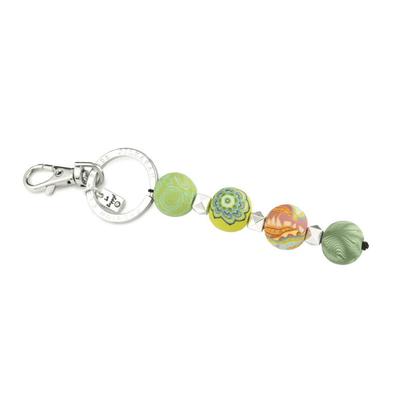 Green Fern 4-Ball Keychain with handmade clay beads, silver spacers, key ring, “Life is Good” charm, and lobster-claw clip.