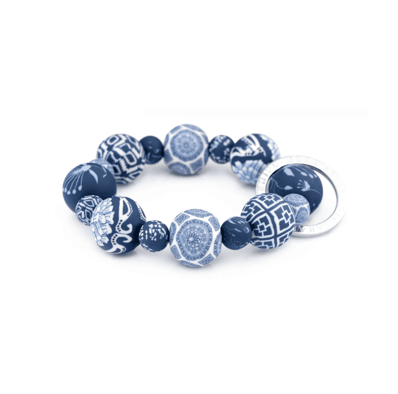 Blue Wrist Keychain with handcrafted clay beads, durable elastic cord, and silver key ring featuring JILZARAH logo.