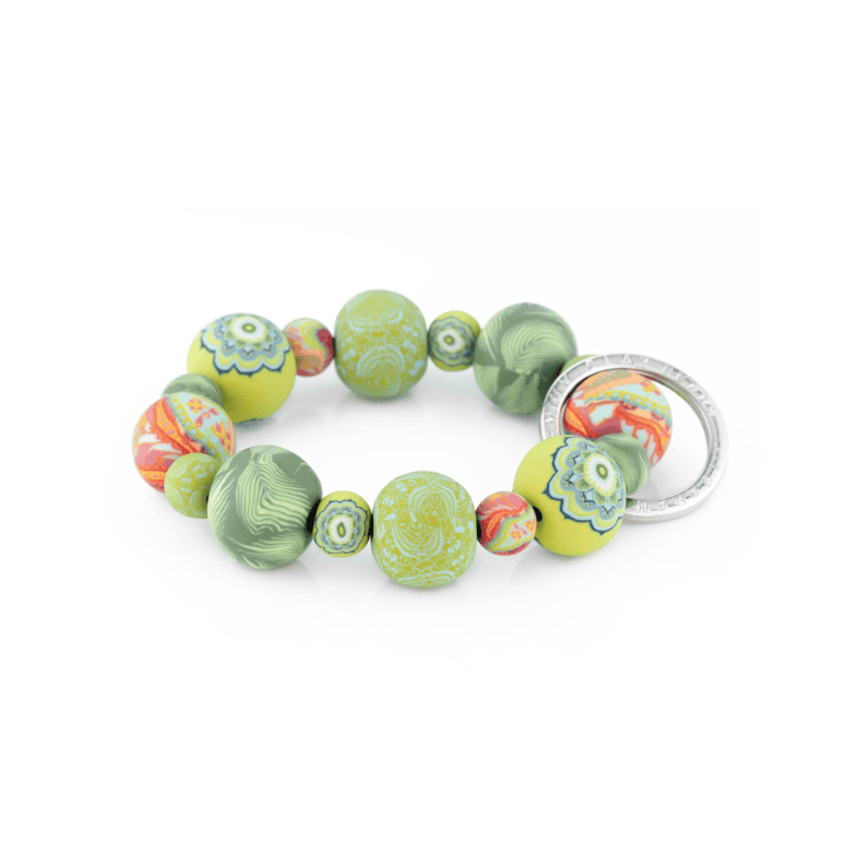 Green Fern Wrist Keychain with handcrafted polymer clay beads, durable elastic cord, and silver key ring featuring JILZARAH