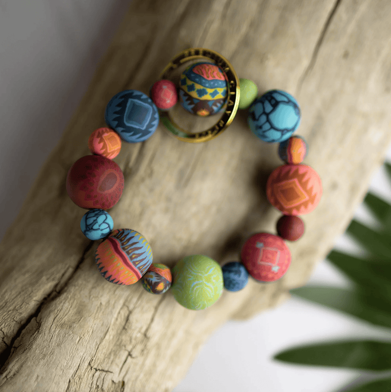 Sedona Sky Wrist Keychain with handcrafted clay beads, elastic cord, and silver key ring featuring JILZARAH logo