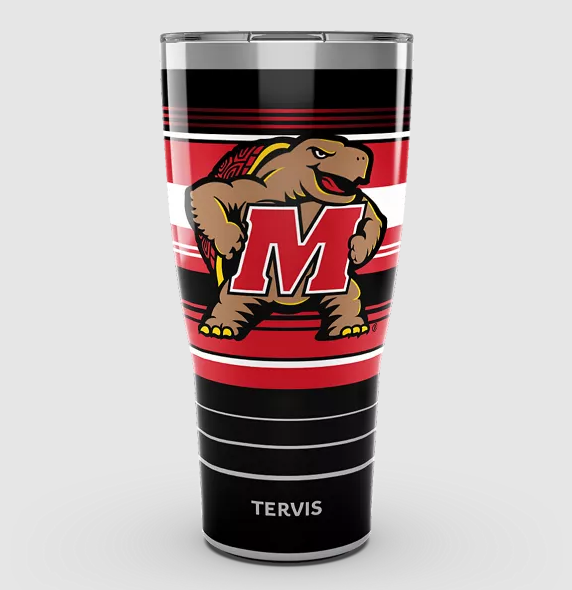 Tervis Maryland Terrapins 30oz Hype Stripes stainless steel tumbler with triple insulation and bold team graphics.

