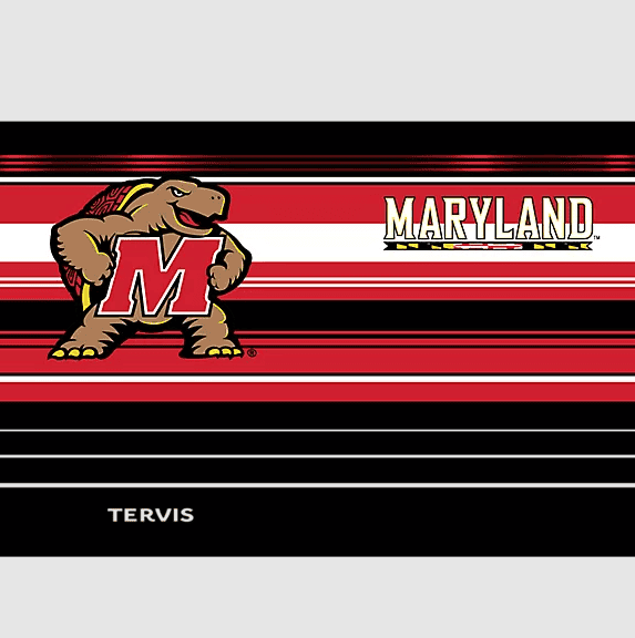 Tervis Maryland Terrapins 30oz Hype Stripes stainless steel tumbler with triple insulation and bold team graphics.

