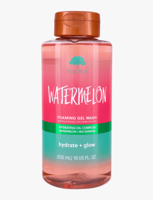 Tree Hut Watermelon Foaming Gel Wash bottle with pink and green design for hydrating body care
