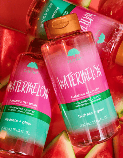 Tree Hut Watermelon Foaming Gel Wash bottle with pink and green design for hydrating body care


